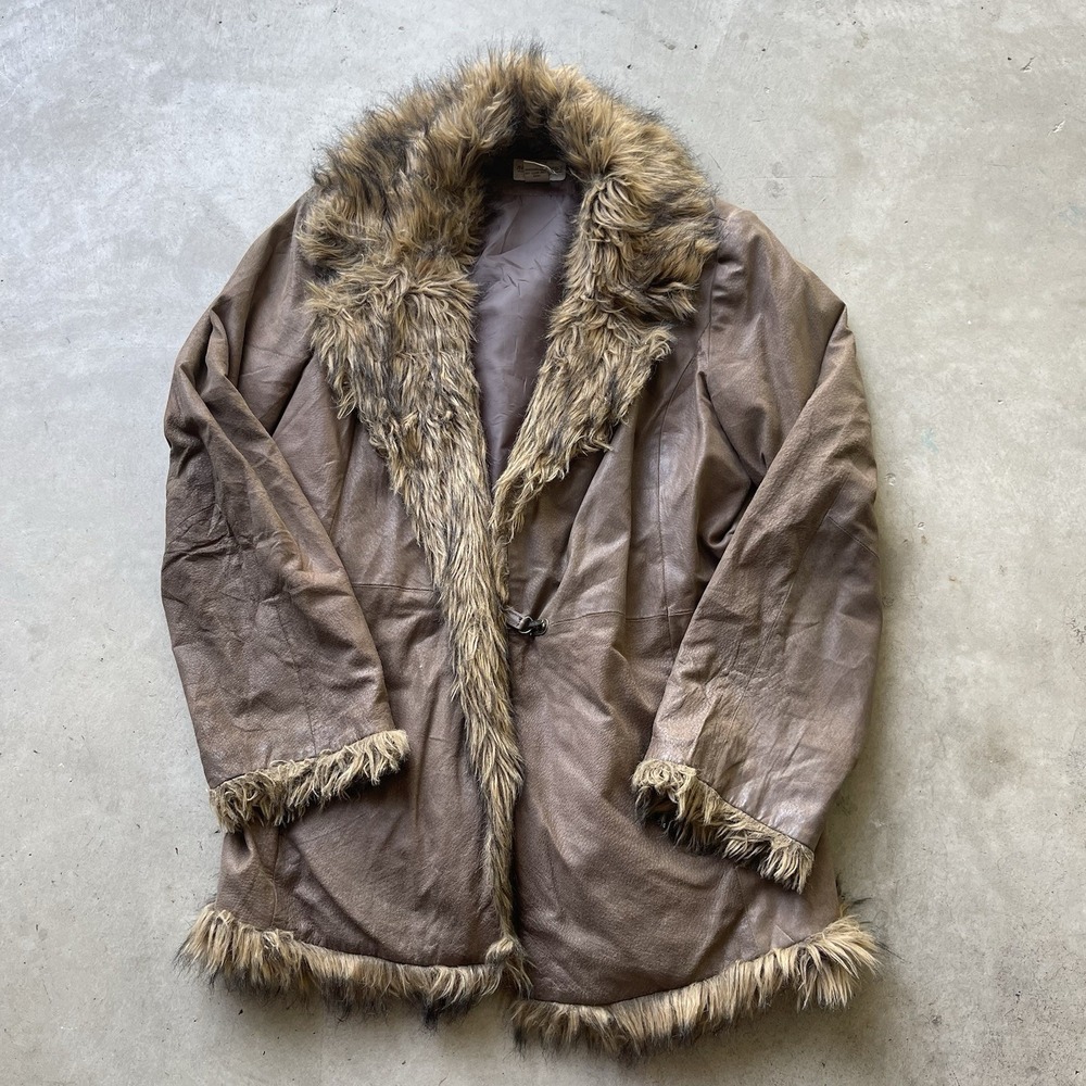 VTG Newport News Brown Distressed Leather Penny Lane Faux Fur Collar Trim Size L